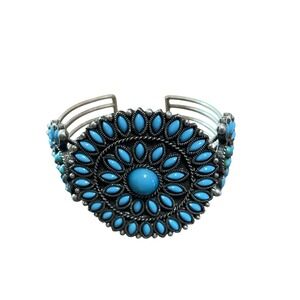 Avon Cuff Bracelet Turquoise Color Flower Silver Tone Boho Statement Jewelry